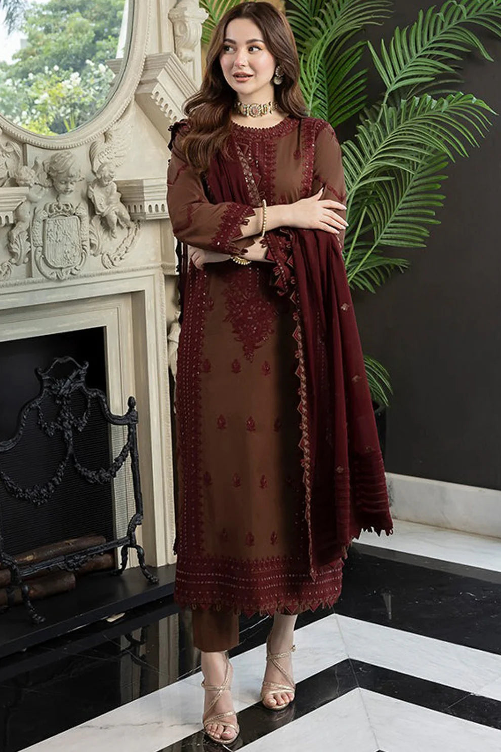 3 Piece Embroidered Lawn Suit With Embroidered Lawn Dopatta (AJ 2556)