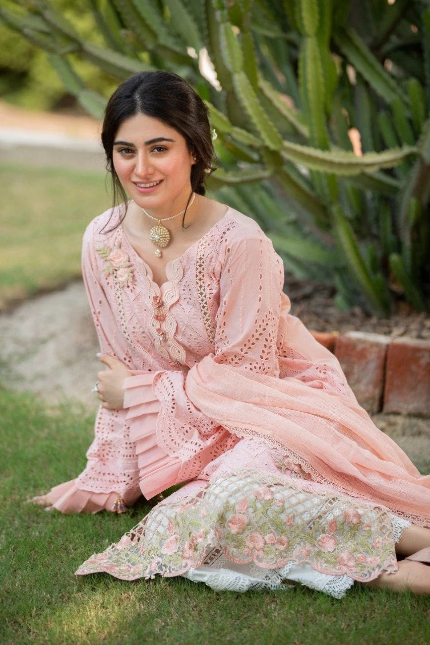 3 Piece Embroidered Lawn Suit With Embroidered Chiffon Dopatta (CS 34)