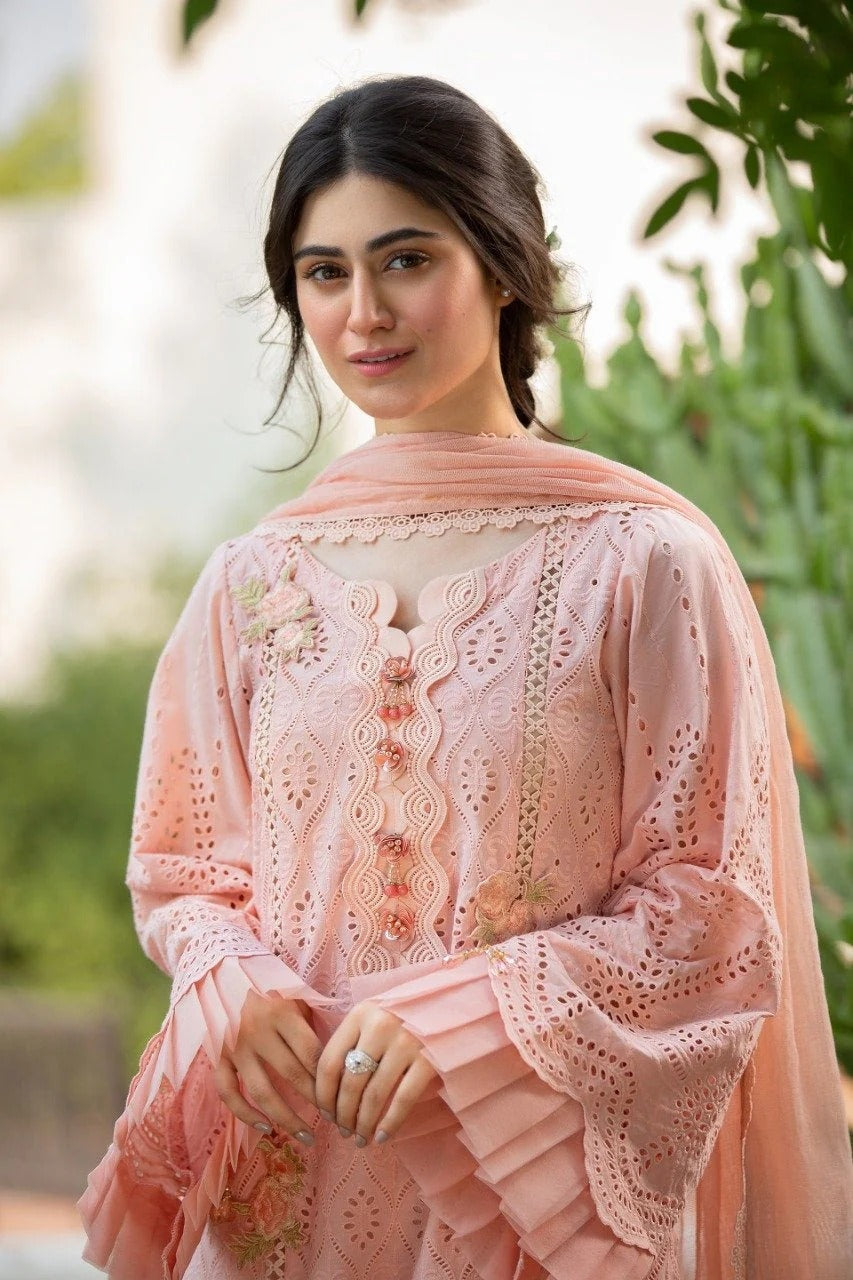 3 Piece Embroidered Lawn Suit With Embroidered Chiffon Dopatta (CS 34)