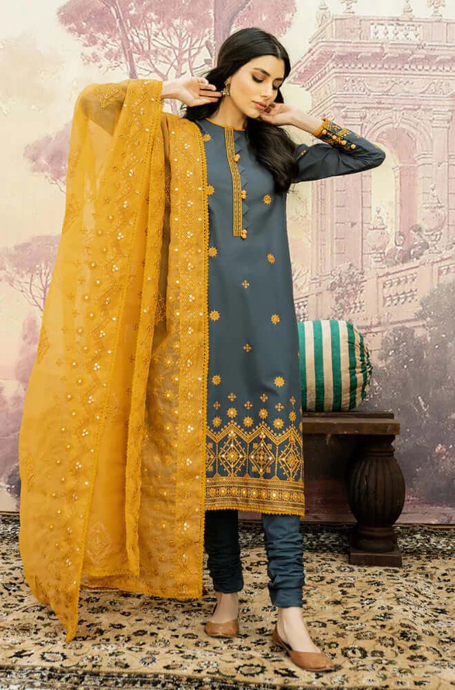 3 Piece Embroidered Lawn Suit With Embroidered Organza Dopatta (CS 840)